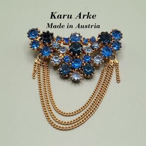 Vintage Karu Arke Blue Rhinestone Brooch, Made in Austria, 1950s, 1 by 2 Inches